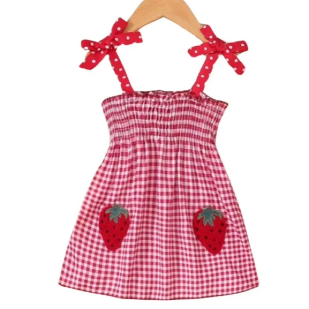 Gingham Embroidered Strawberry Sun Dress with Bows